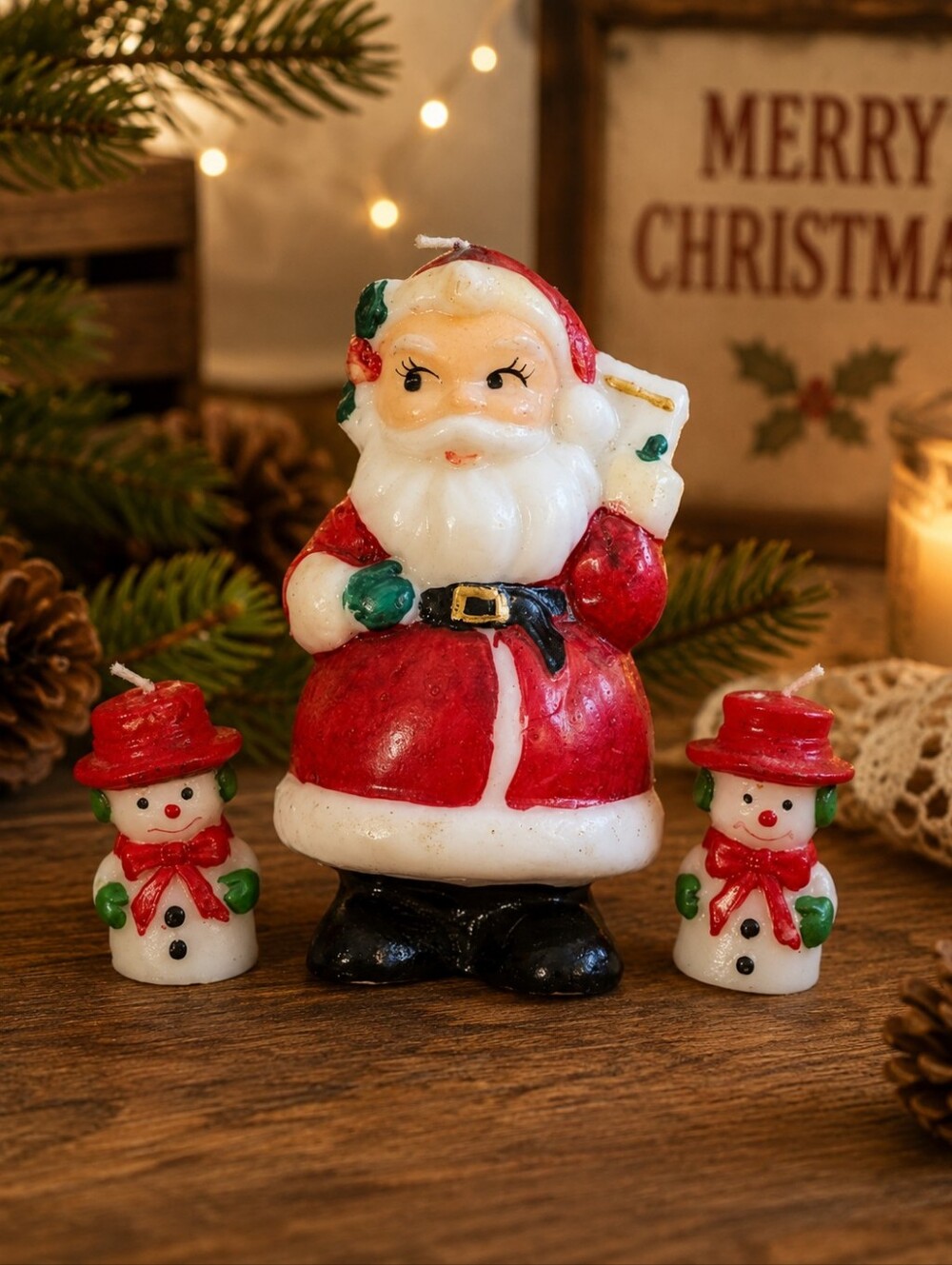 Vintage Christmas Candle Set Santa Snowman Candles Retro Holiday Decor VTG